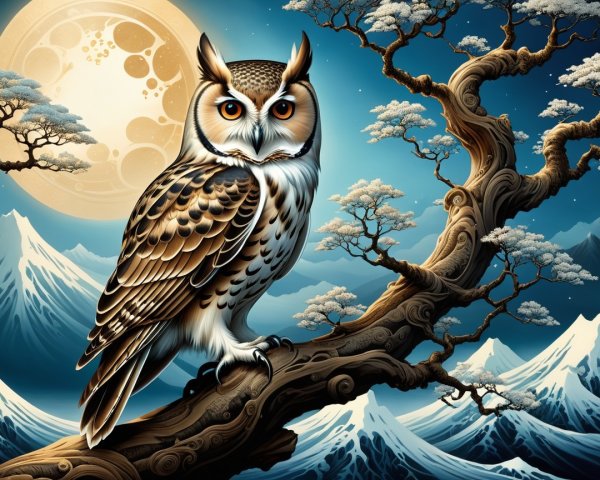 Majestic Owl on Branch Under Full Moon at Night