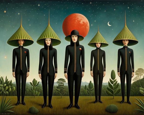 Surreal Landscape with Figures in Conical Hats