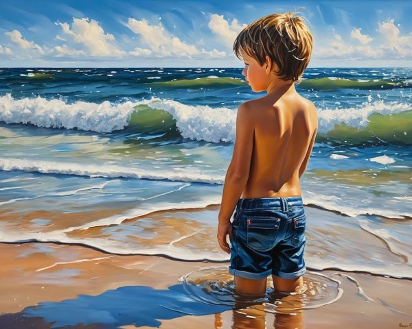 Young boy by the sea in summer scene