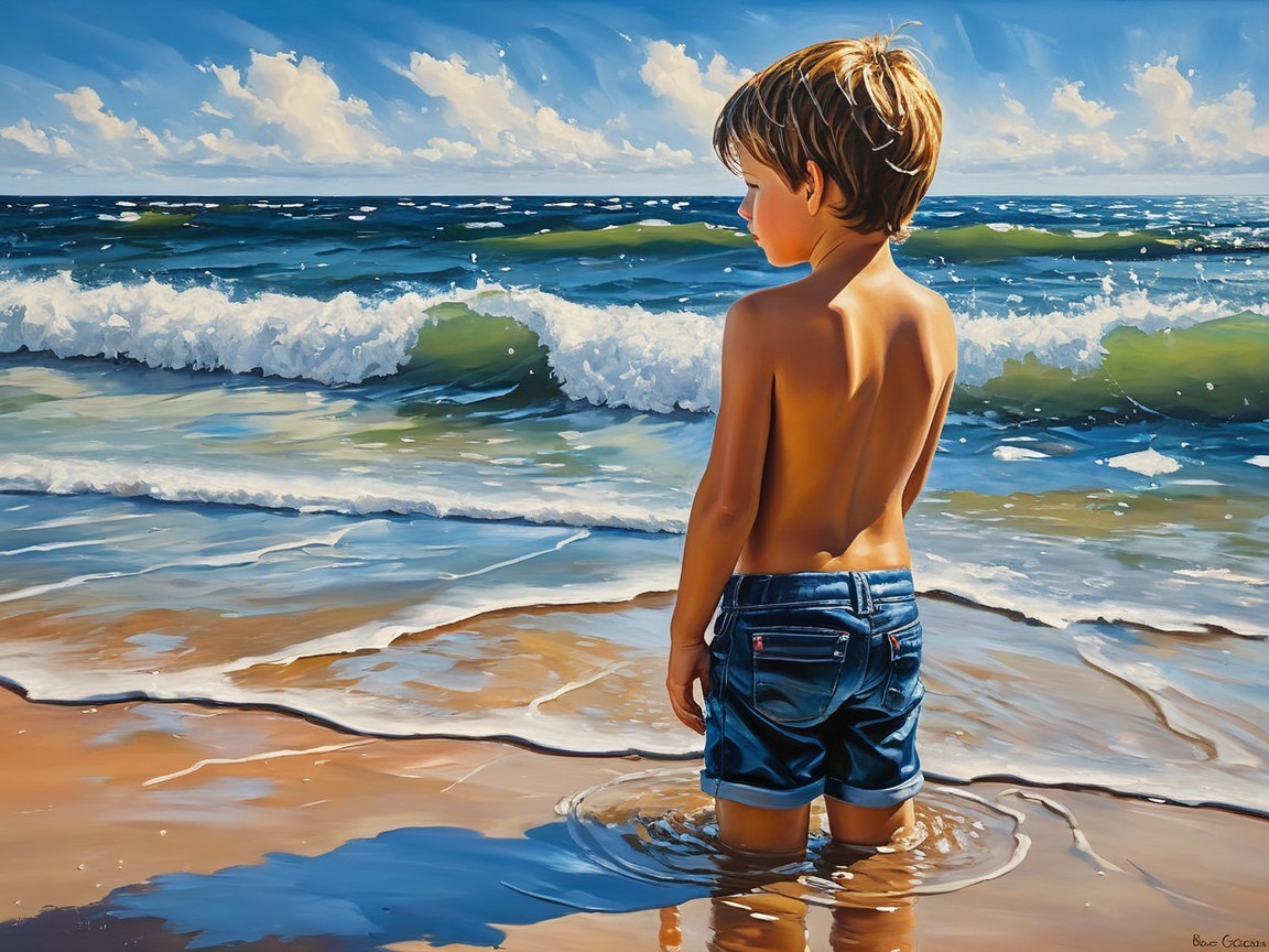 Young boy by the sea in summer scene