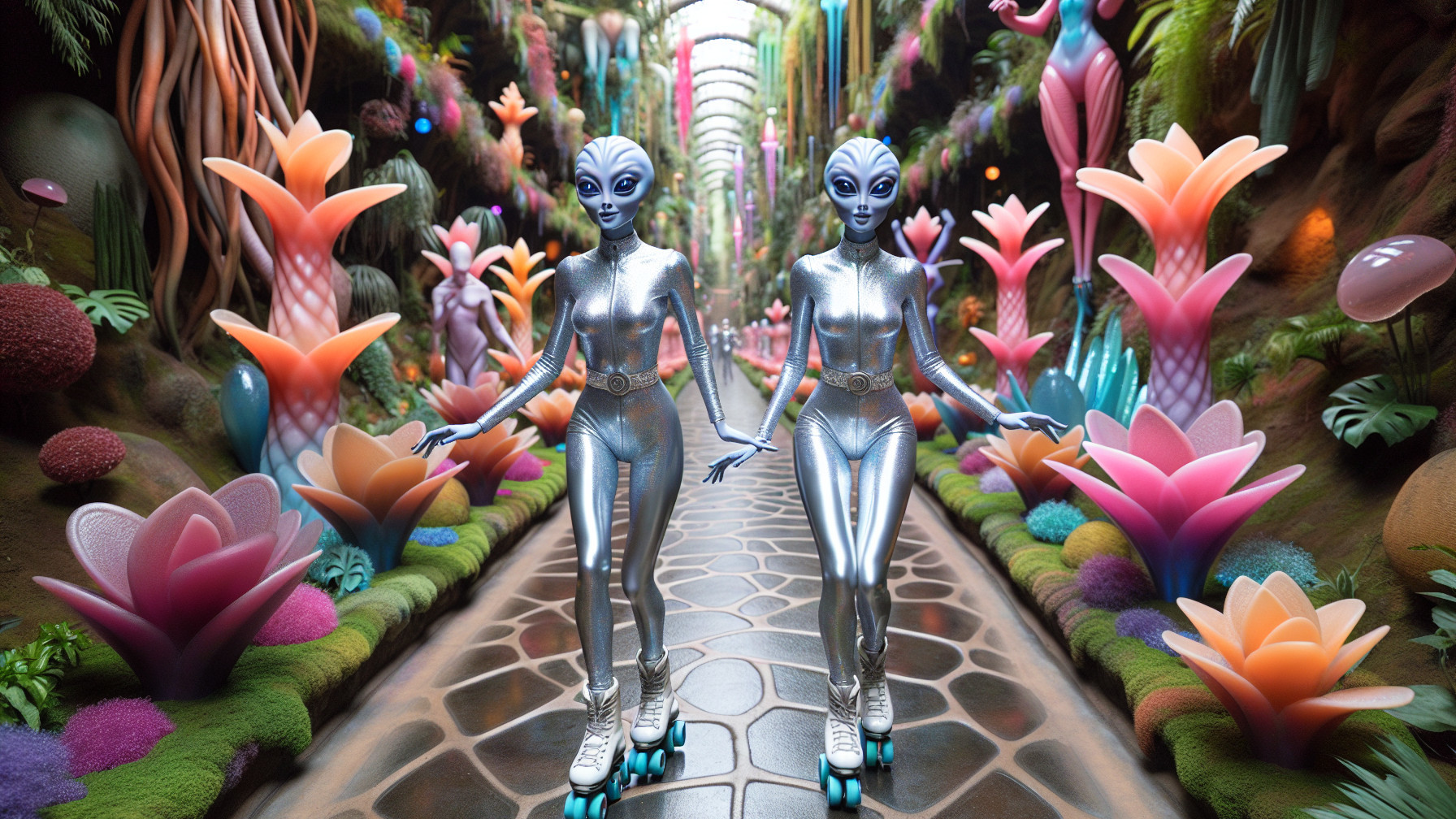 Alien Figures on Roller Skates in Fantastical Landscape