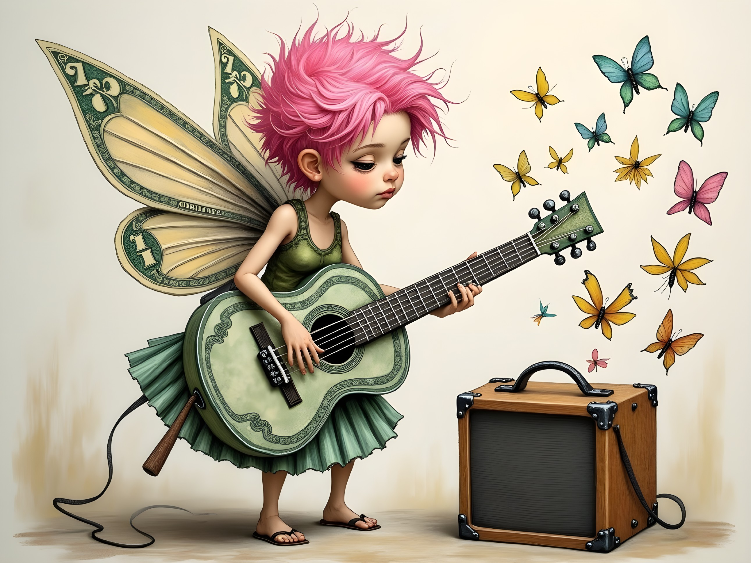 Fairy with Pink Hair Playing Guitar Amid Butterflies