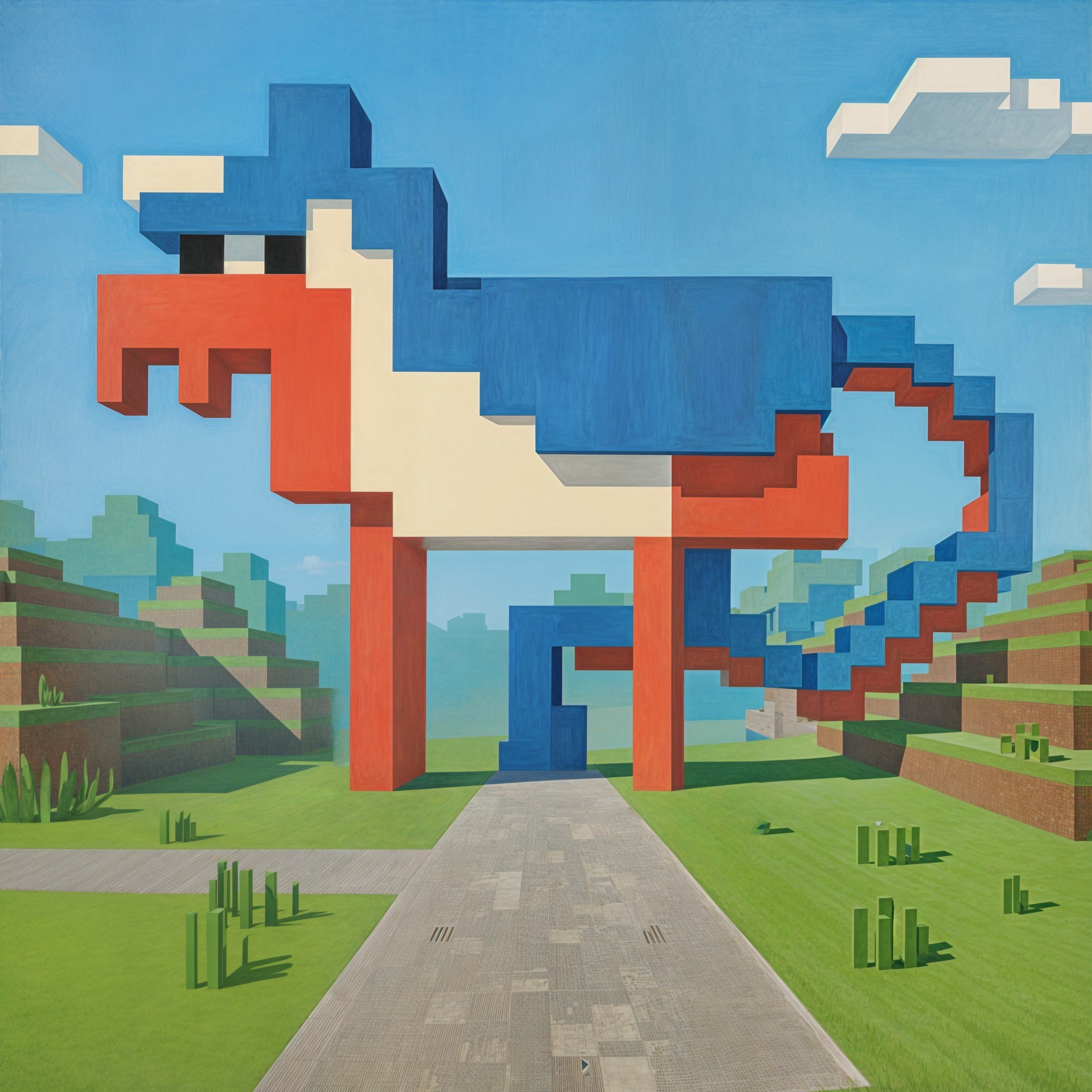 Colorful Pixelated Dinosaur in Bright Landscape