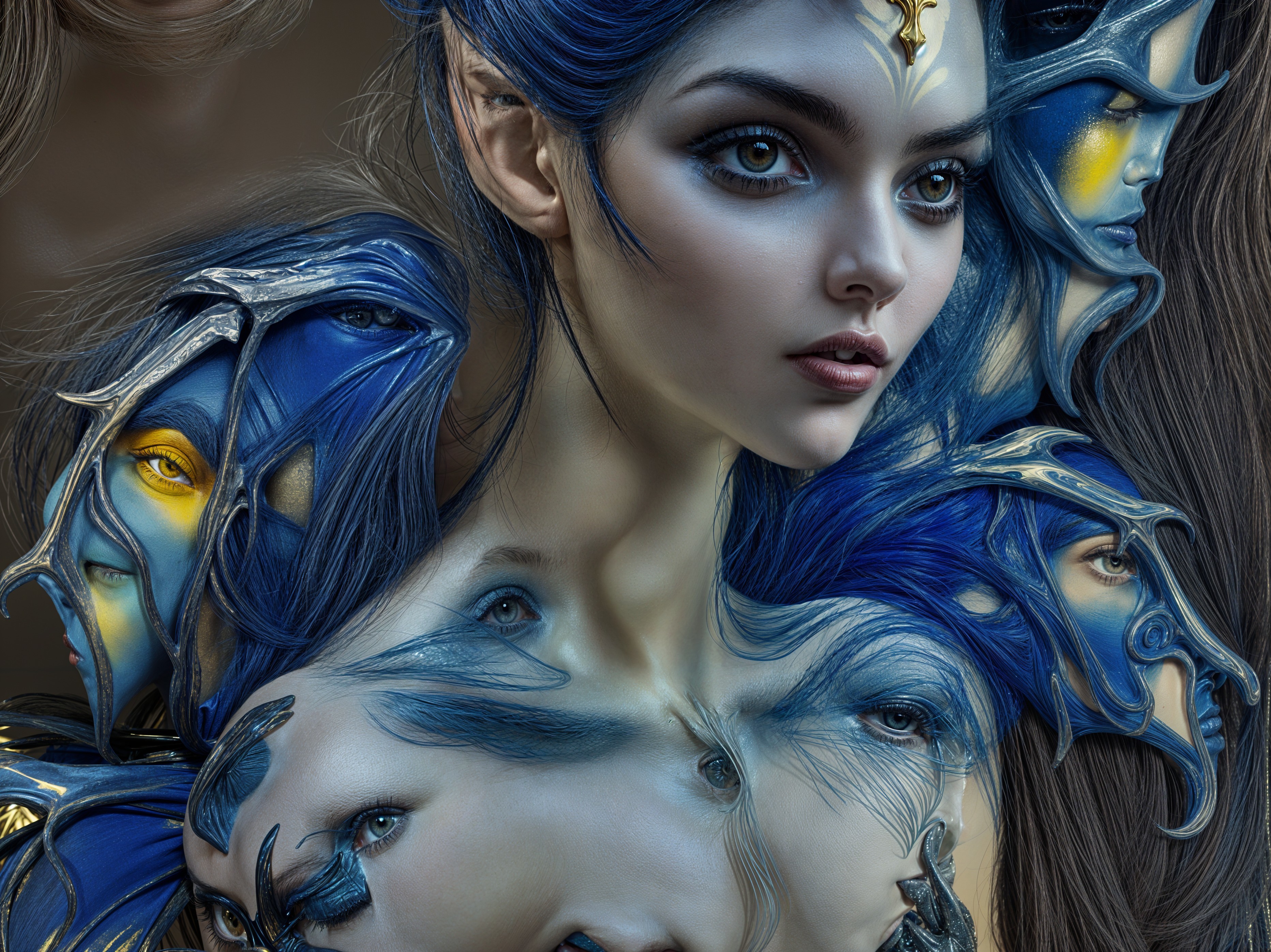 Fantastical Figure with Blue Hair and Multiple Eyes
