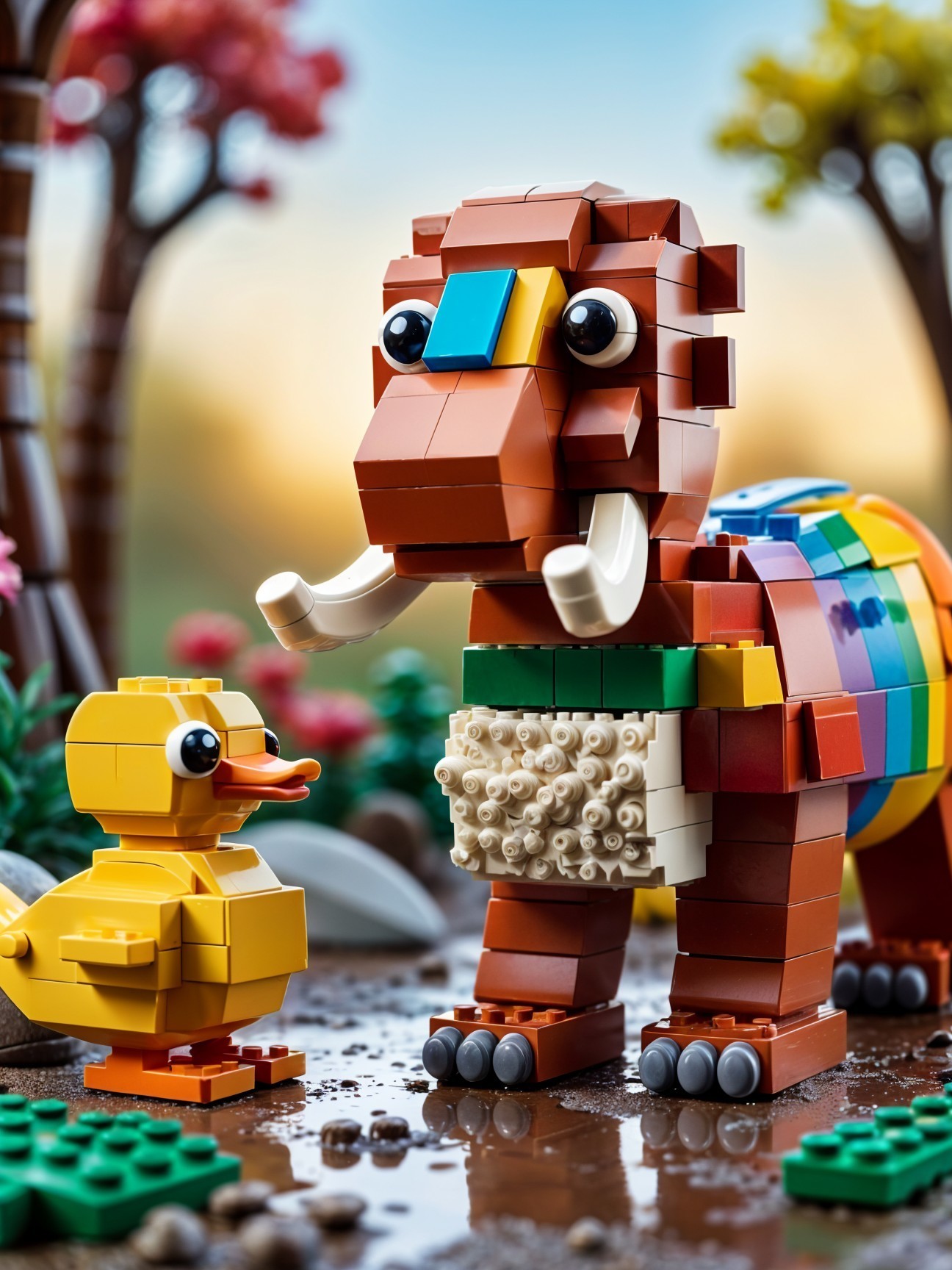 Colorful LEGO Elephant and Duck in Outdoor Scene