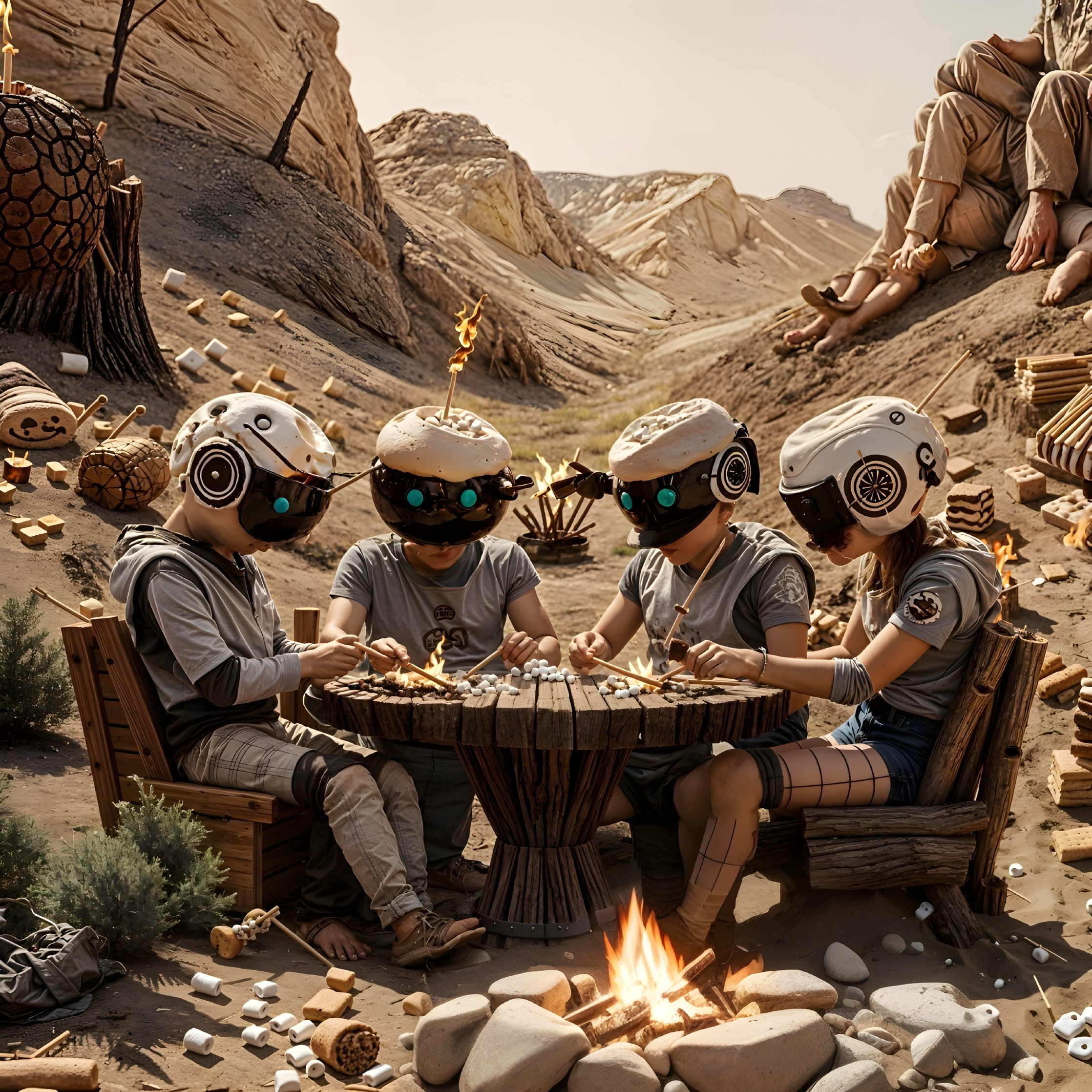 Futuristic Children Crafting in a Surreal Desert Landscape
