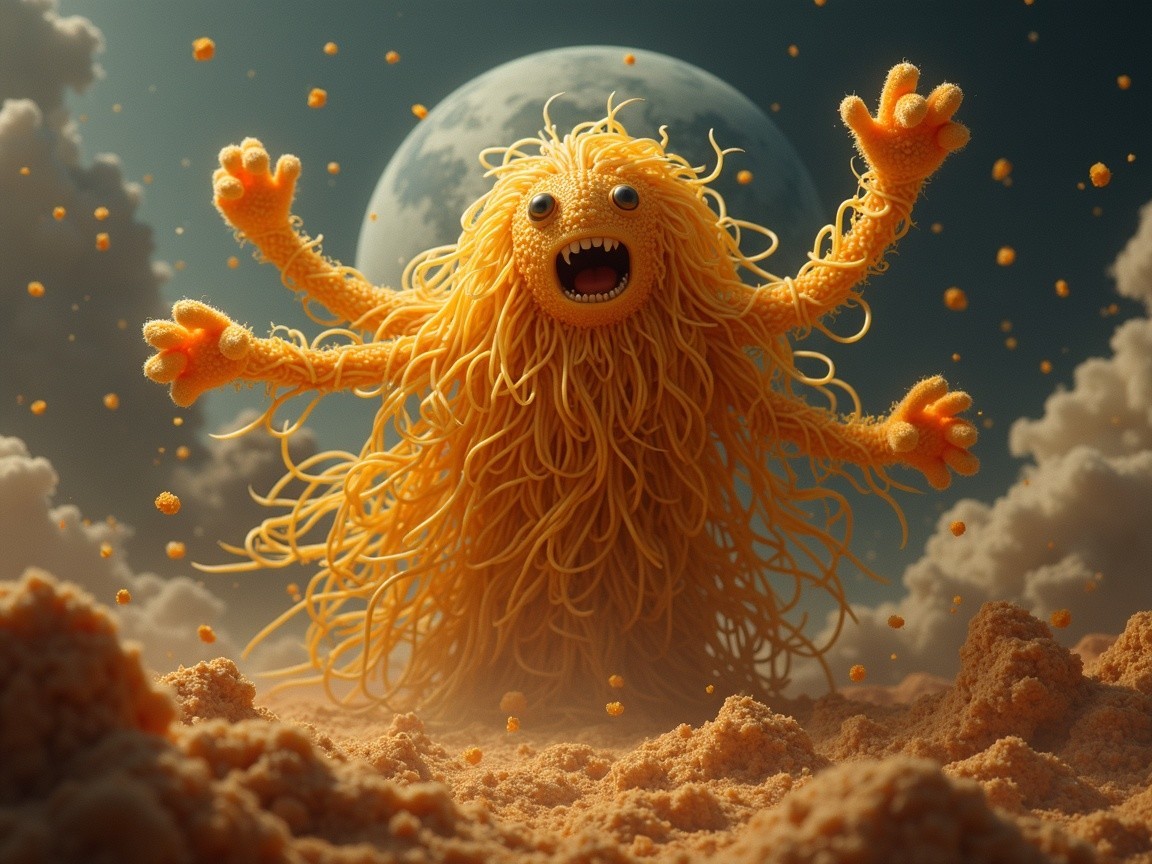 Whimsical creature with spaghetti-like strands in sand