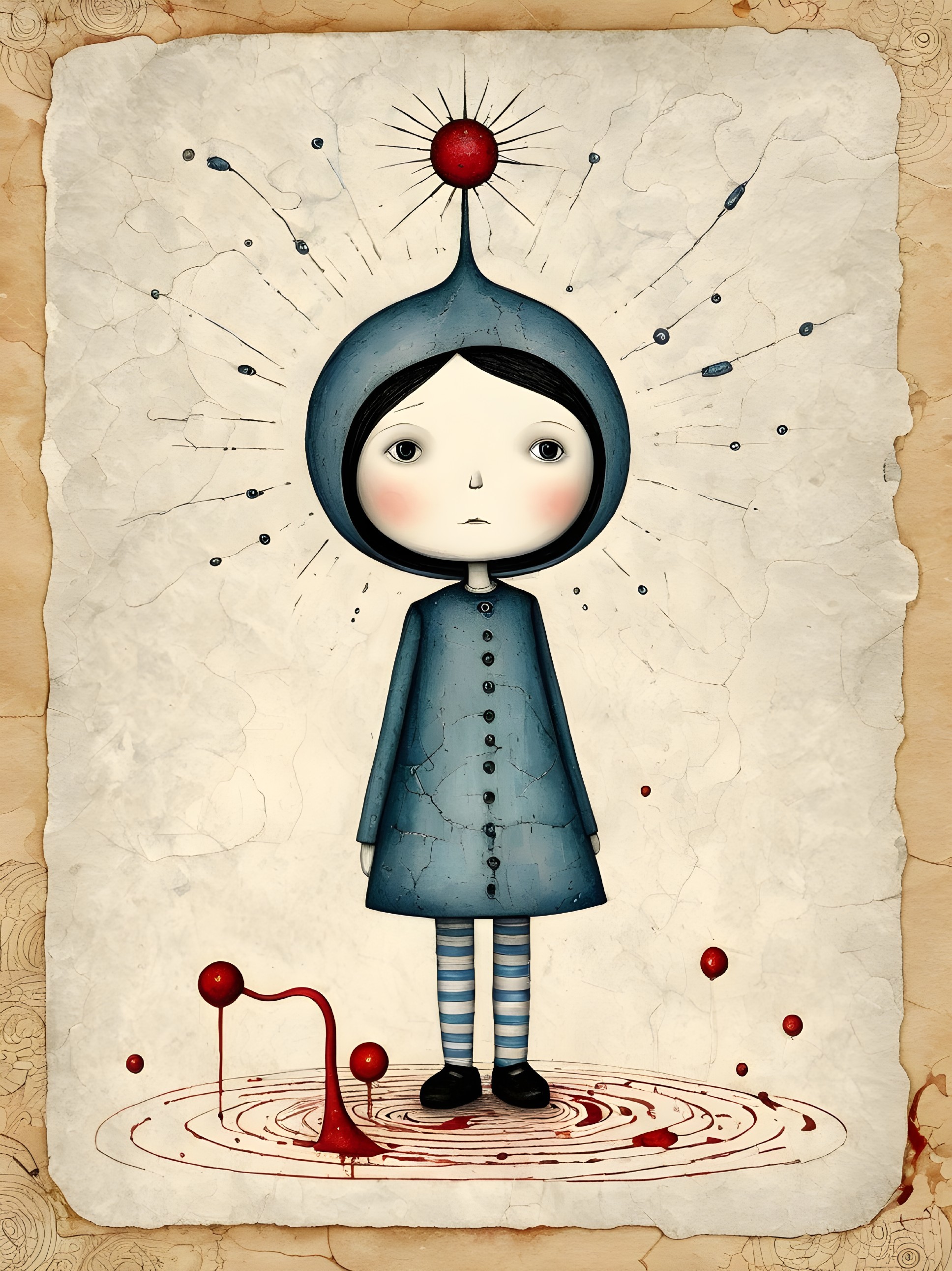 Whimsical Character with Blue Hooded Coat and Stripes