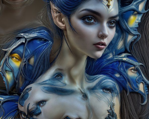 Fantastical Figure with Blue Hair and Multiple Eyes