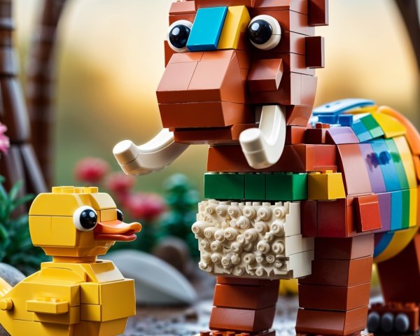 Colorful LEGO Elephant and Duck in Outdoor Scene