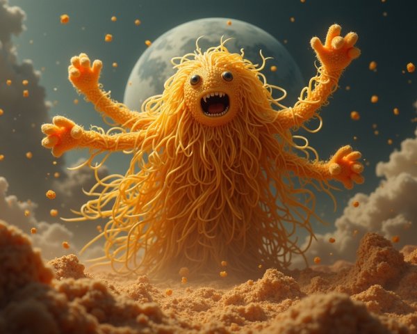 Whimsical creature with spaghetti-like strands in sand