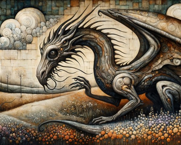 Majestic dragon on vibrant landscape with flowers