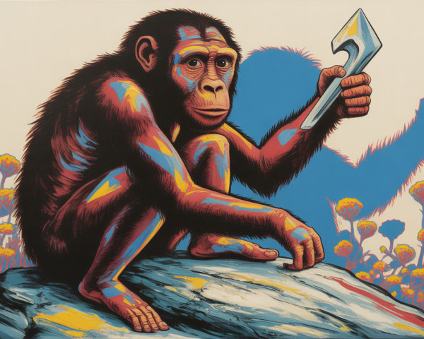 Stylized monkey with tool on rock in vibrant colors