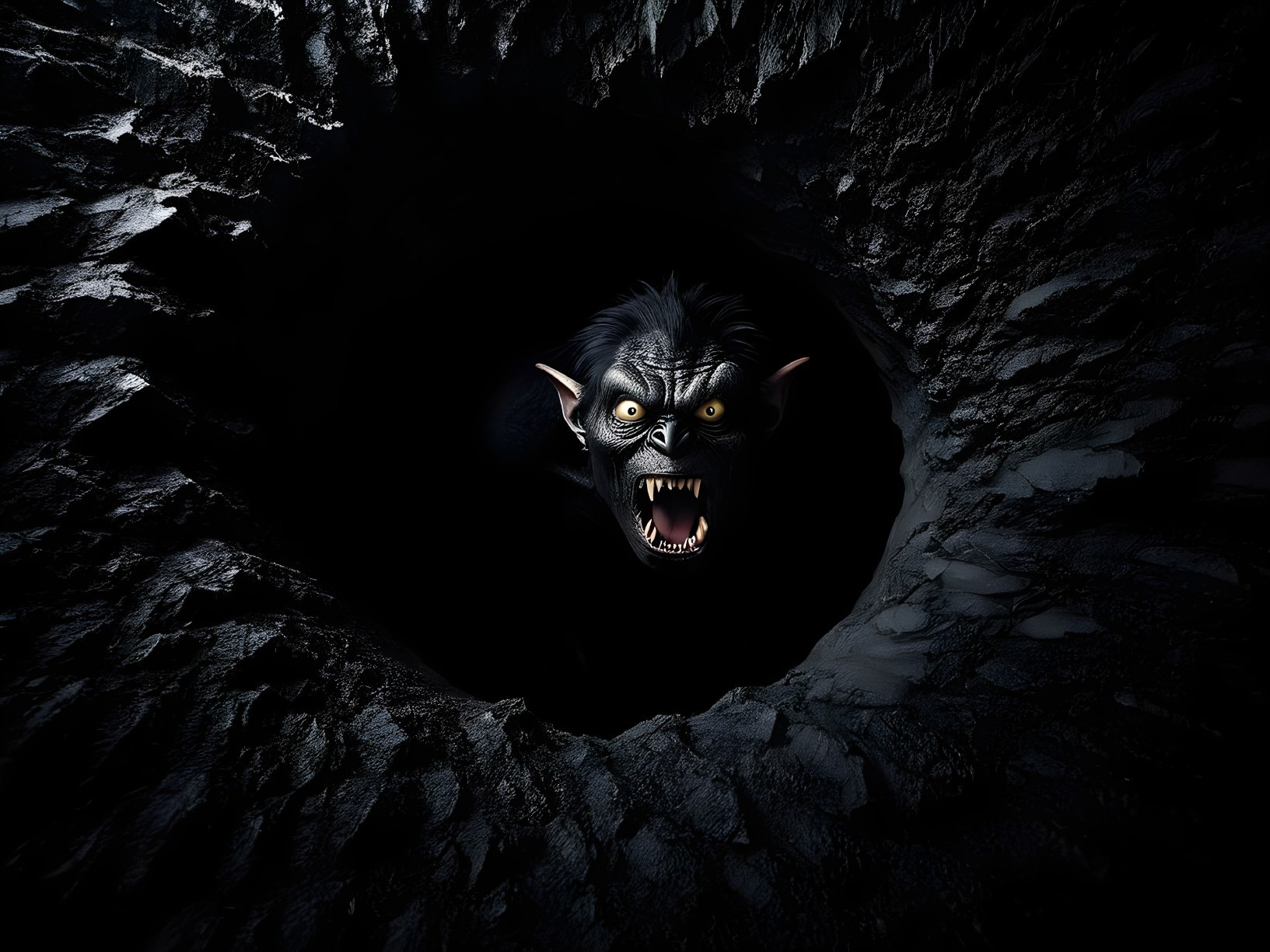 Fierce creature with sharp fangs in dark abyss setting