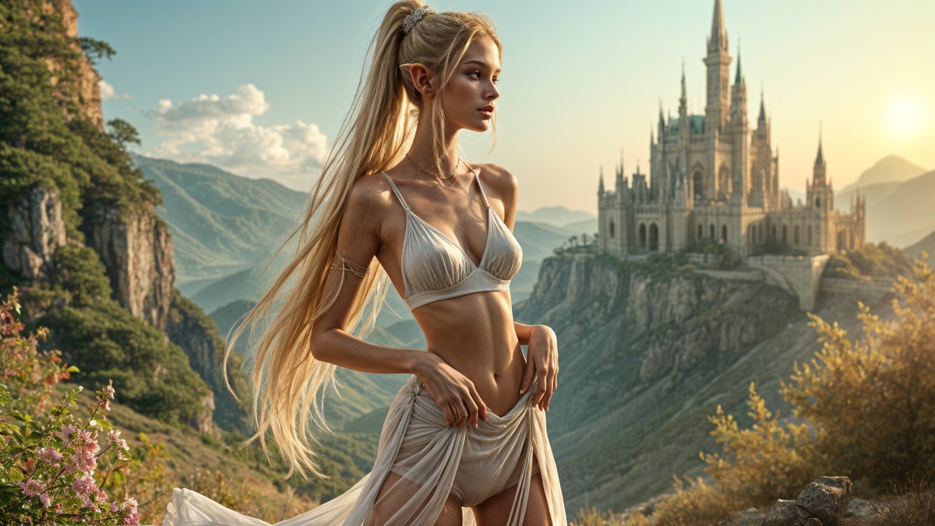 Mystical Landscape with Elegant Figure and Castle
