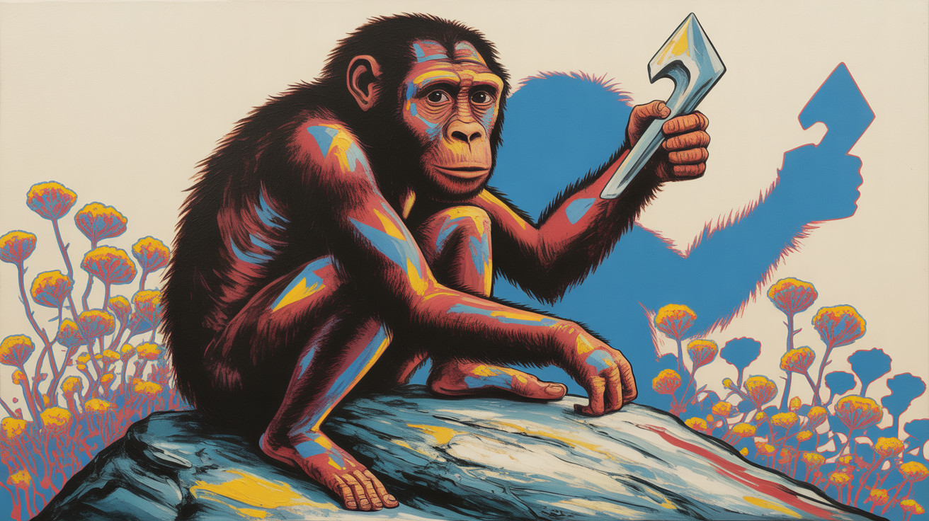 Stylized monkey with tool on rock in vibrant colors