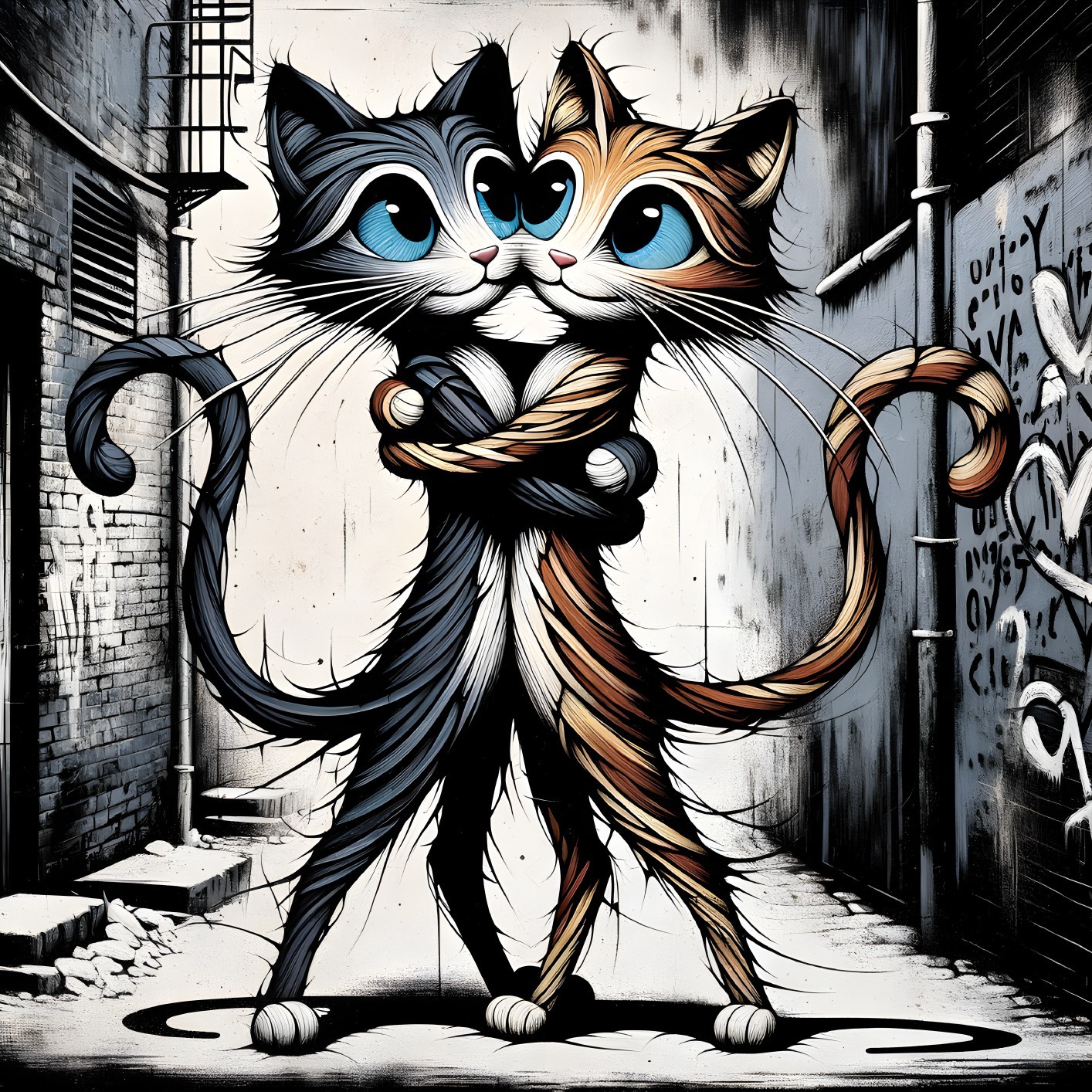 Cartoonish Cats Embraced in Urban Alley Setting