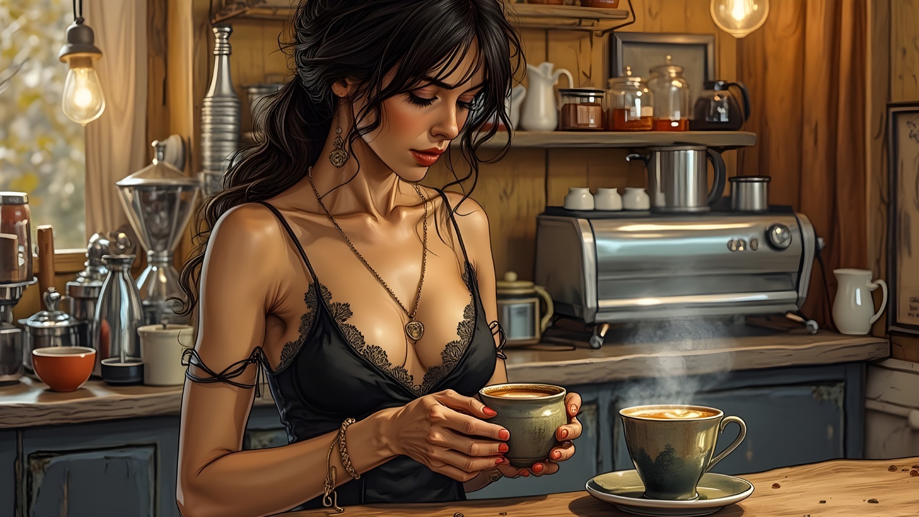 Serene Woman in Cozy Café with Steaming Coffee