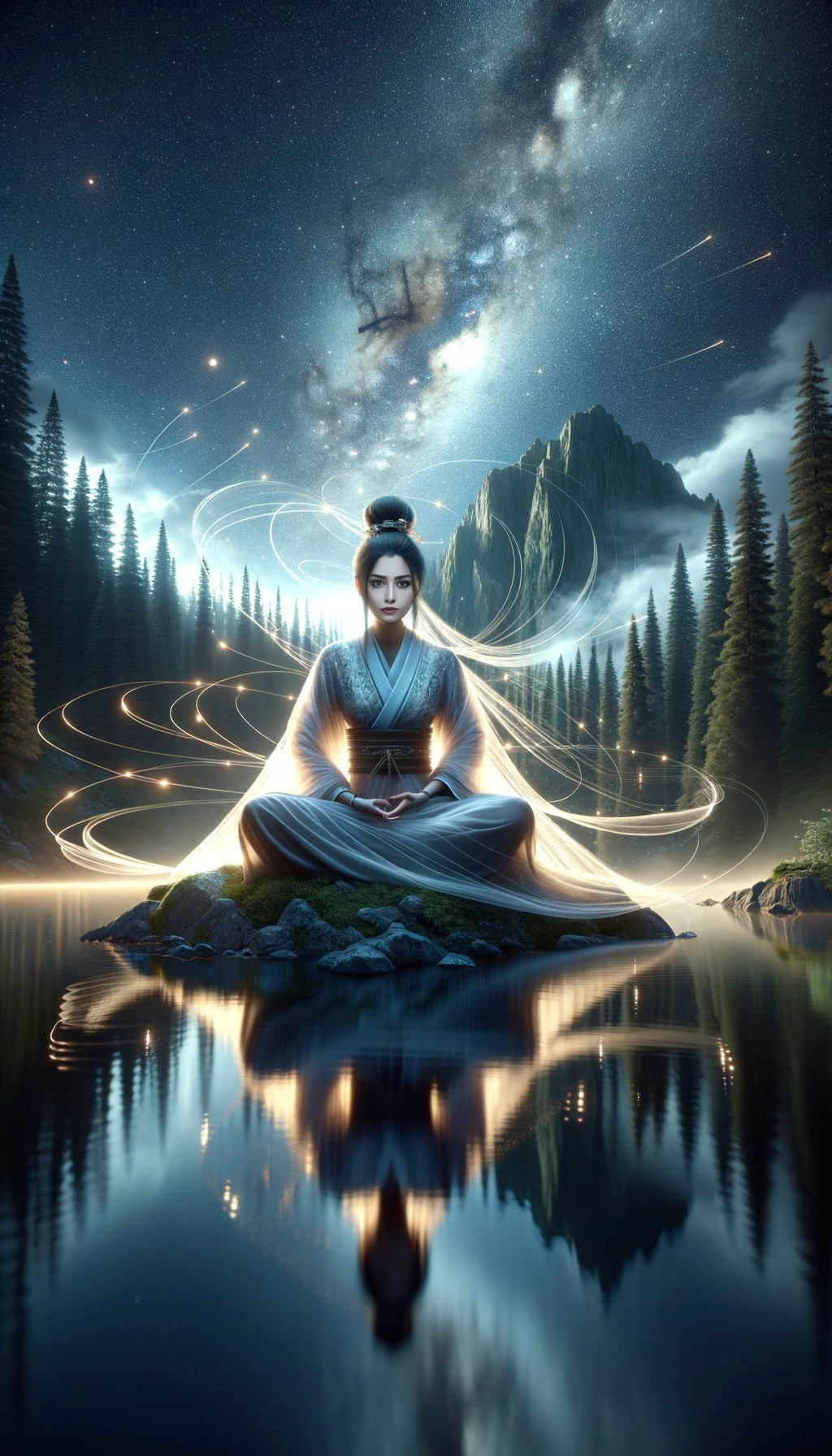 Meditative Figure by a Starry Lake at Night