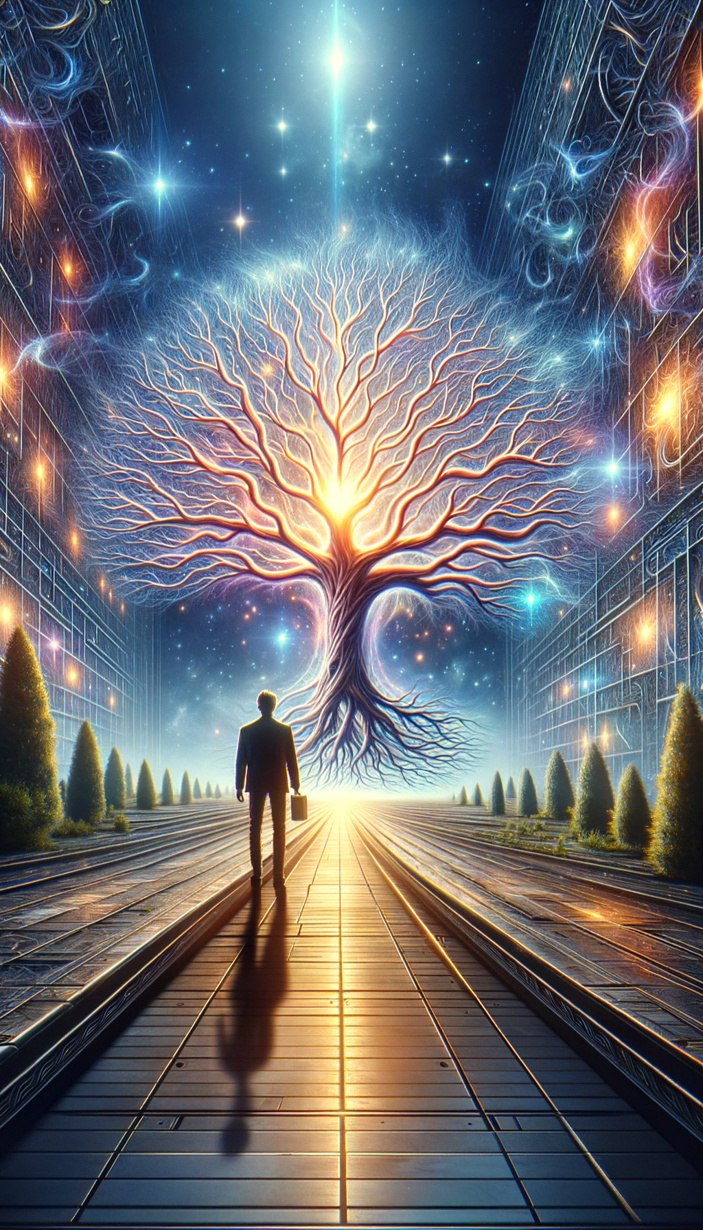 Futuristic scene with silhouetted figure and luminescent tree