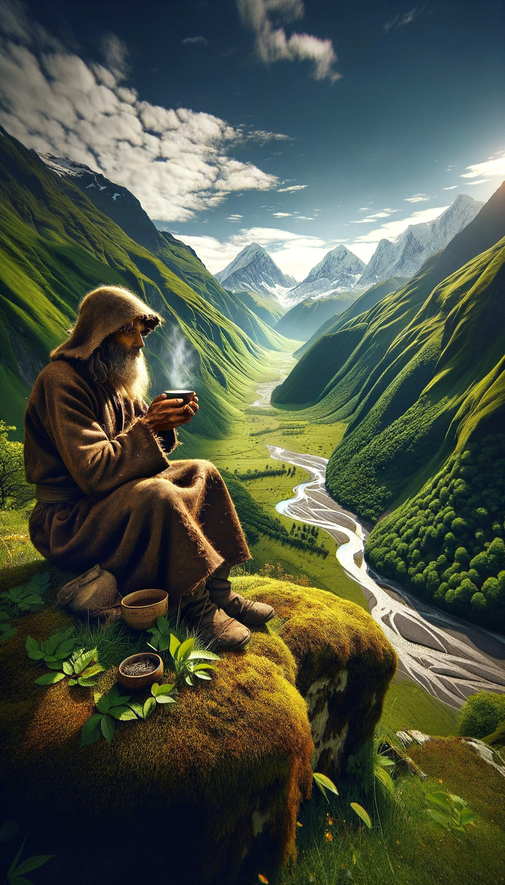 Wise Figure in Brown Cloak Overlooking Scenic Valley
