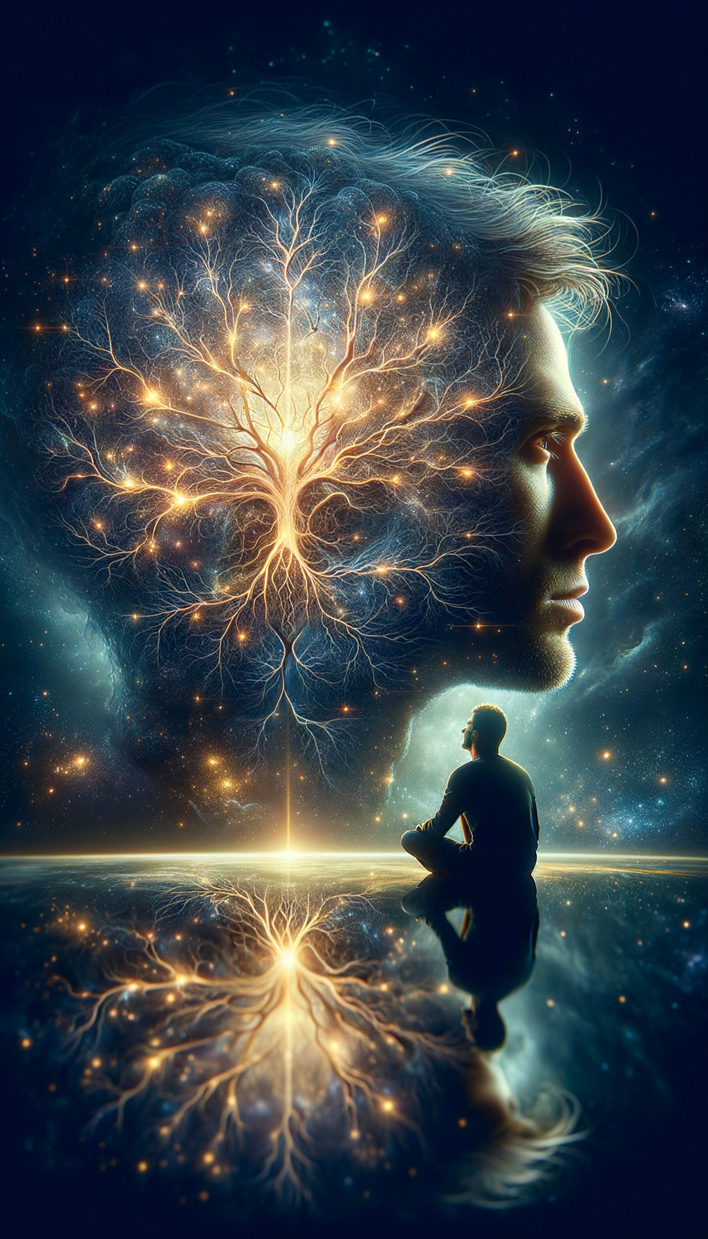 Meditative Figure with Cosmic Tree of Life Background