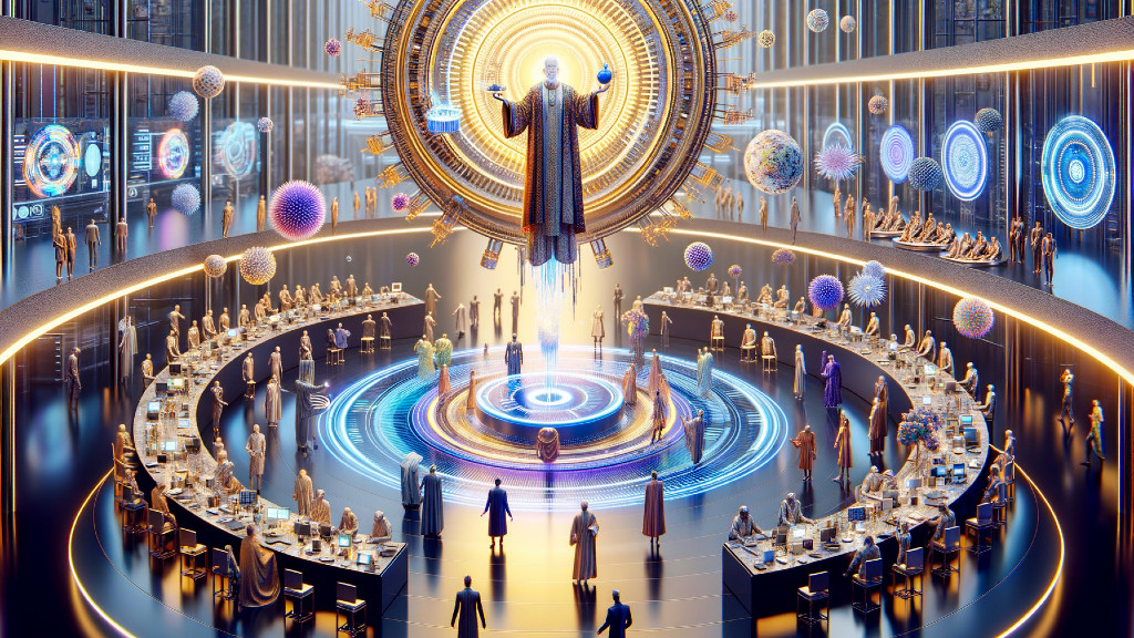 Futuristic Hall with Ethereal Figure and Technology