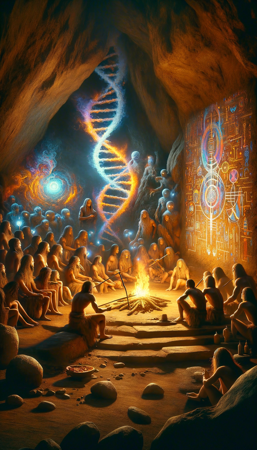 Gathering Around a Fire in a Dimly Lit Cave