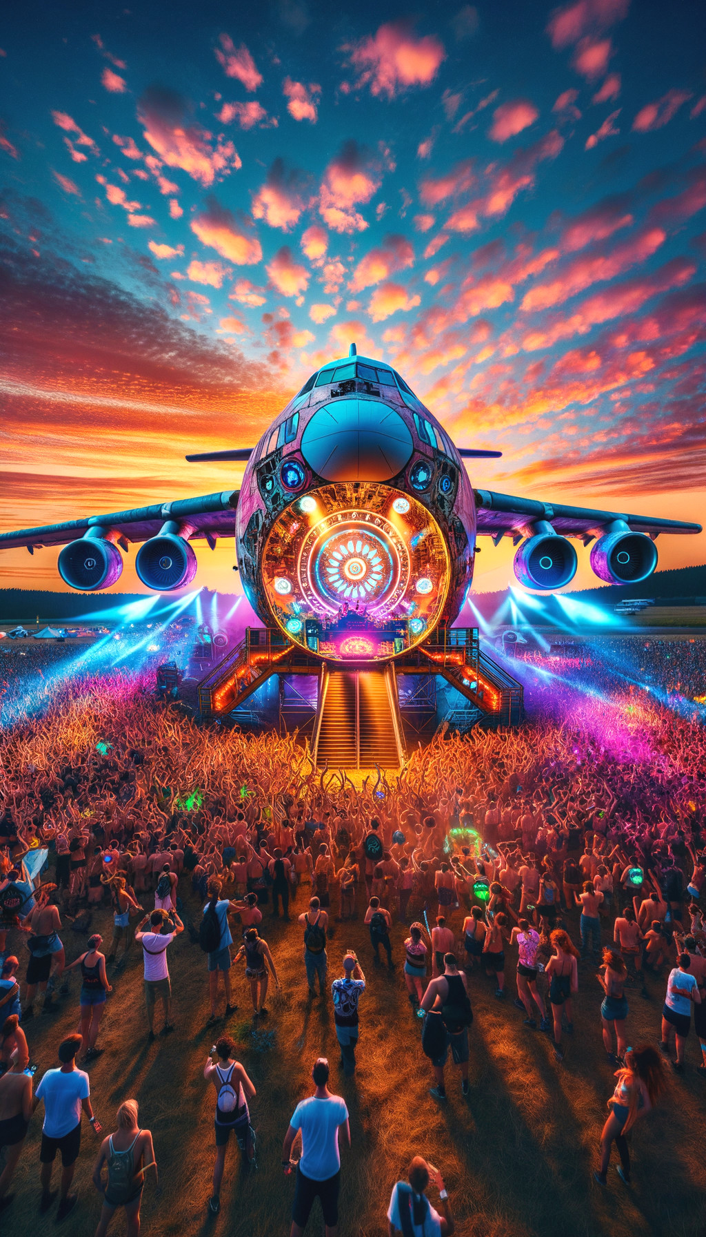 Vibrant Festival Scene with Aircraft Stage at Sunset