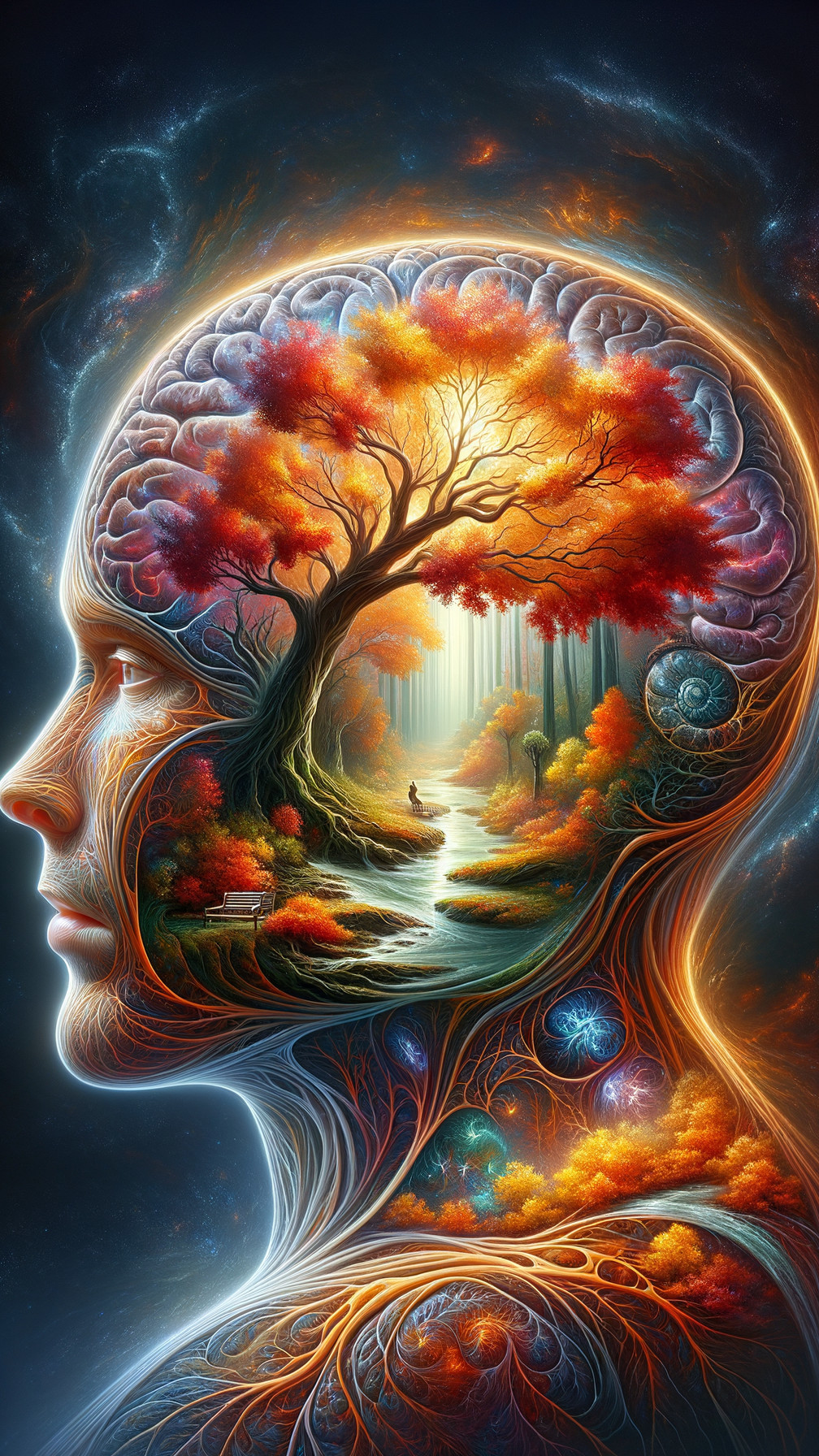 Surreal Human Head Merging with Vibrant Nature