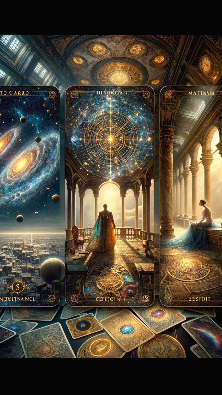 Cosmic-Themed Tarot Cards in Ornate Setting