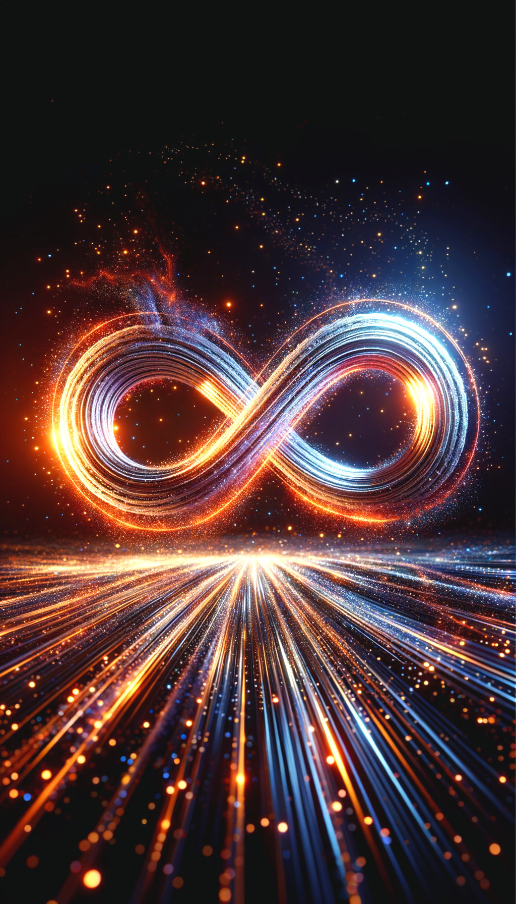 Vibrant Infinity Symbol with Light Streaks and Particles