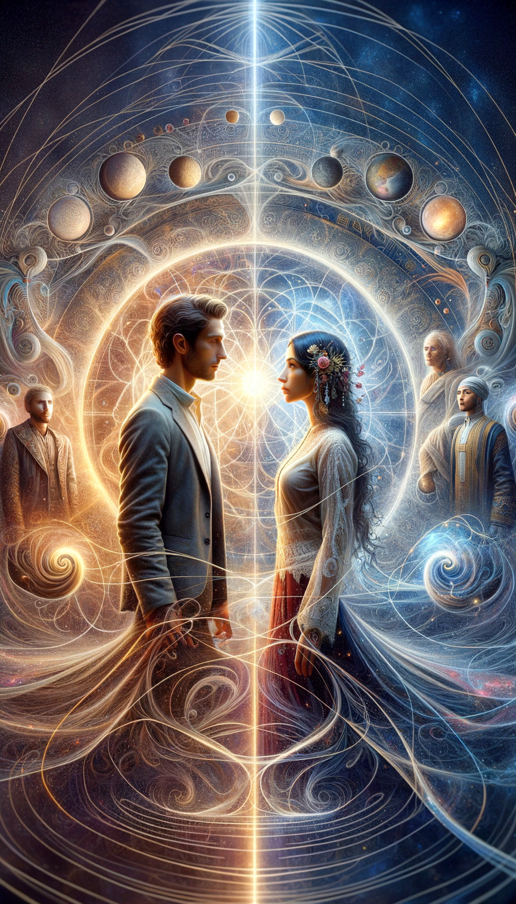 Surreal Cosmic Scene with Celestial Figures and Light