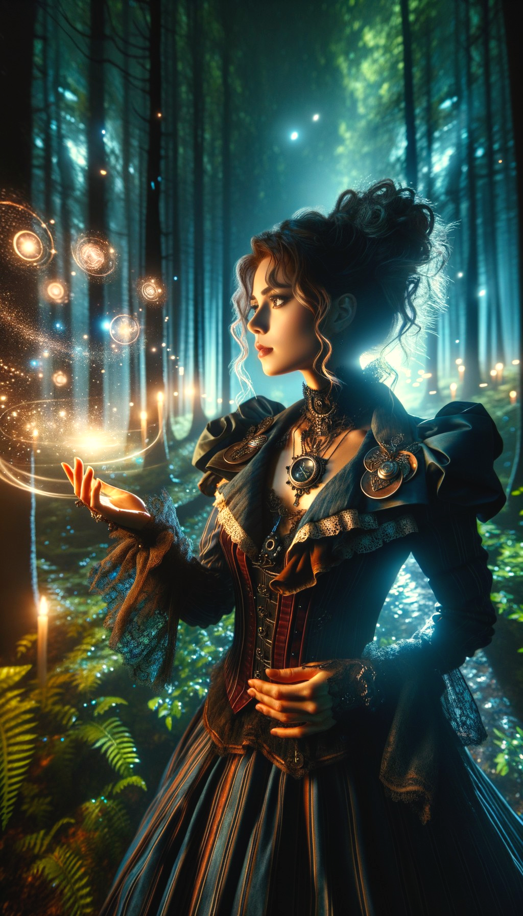 Young Woman in Victorian Gown in Mystical Forest