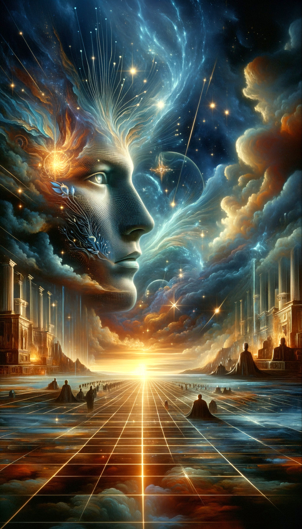 Surreal Landscape with Celestial Face and Ancient Ruins