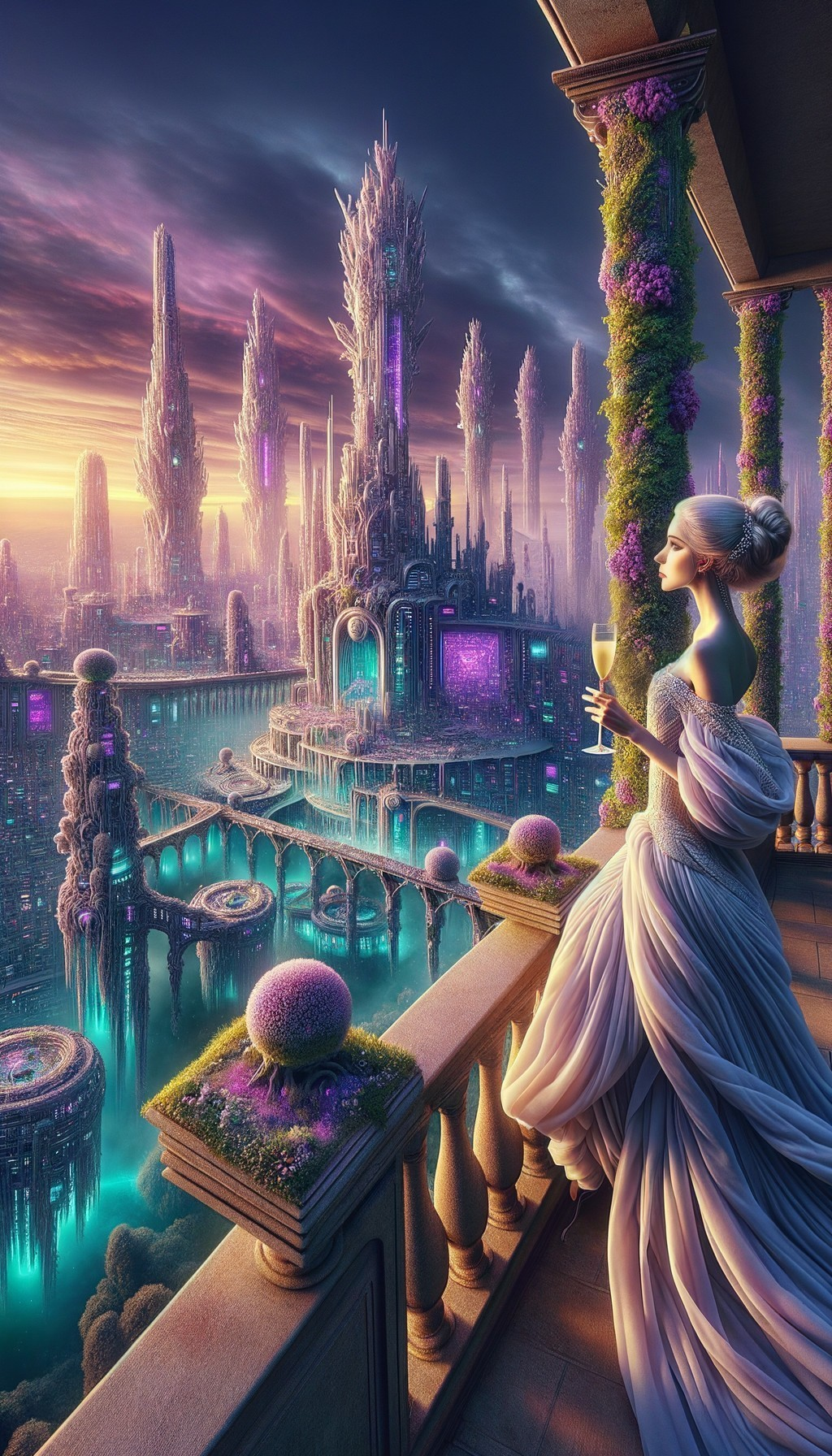 Futuristic cityscape with crystalline structures at sunset