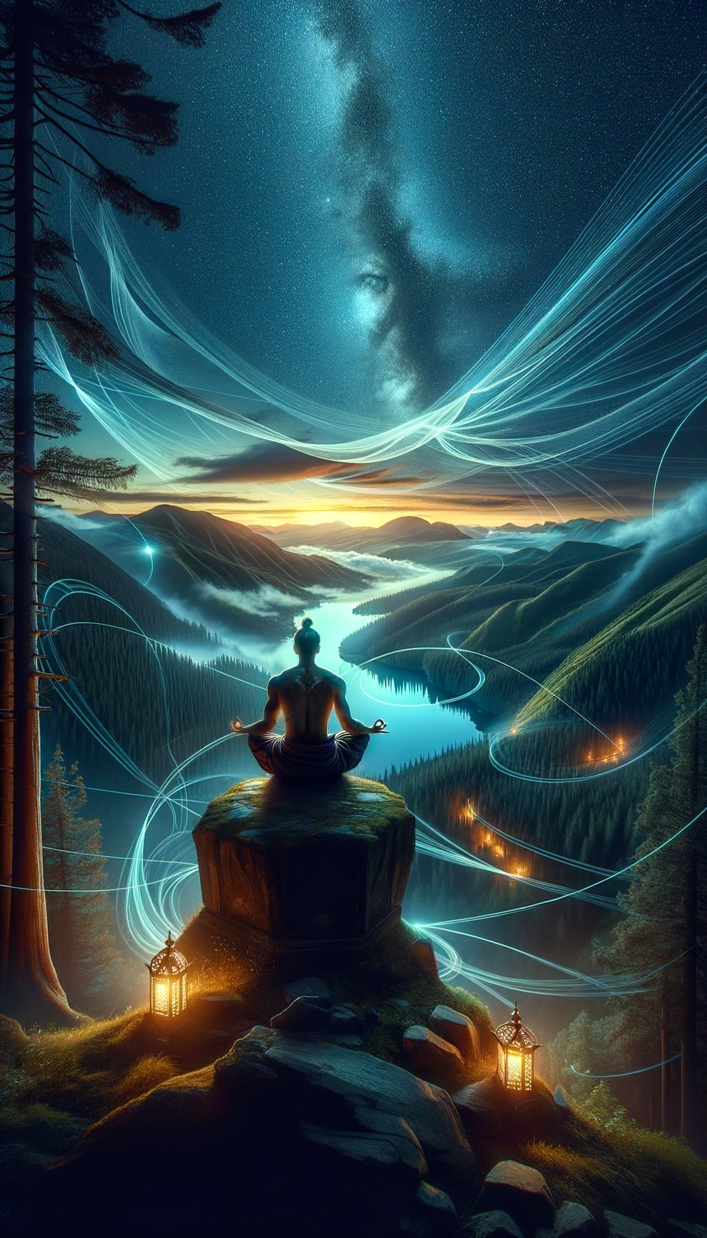 Meditative Figure Overlooking Twilight River Landscape