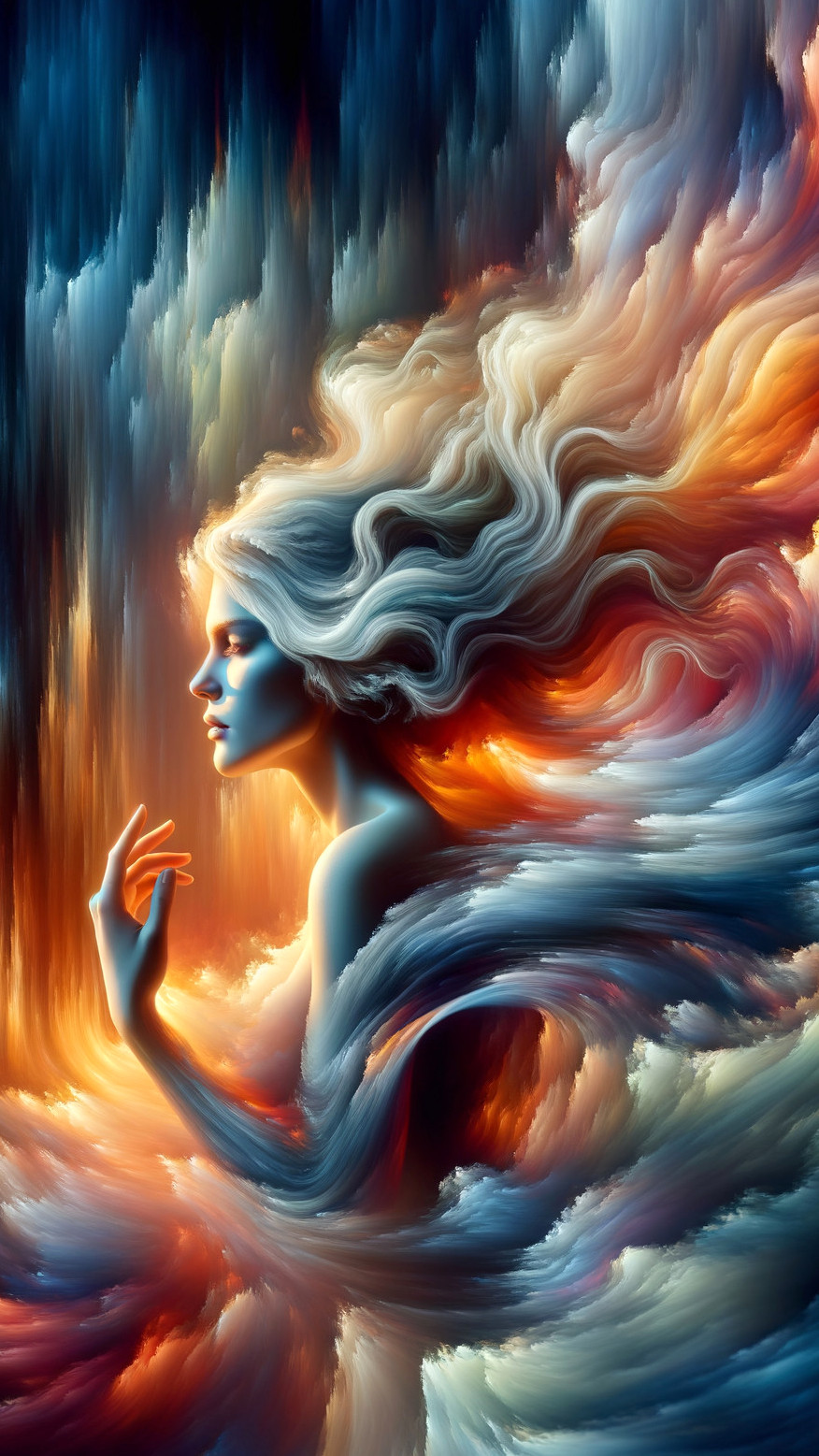 Portrait of a Woman Amidst Vibrant Colorful Clouds