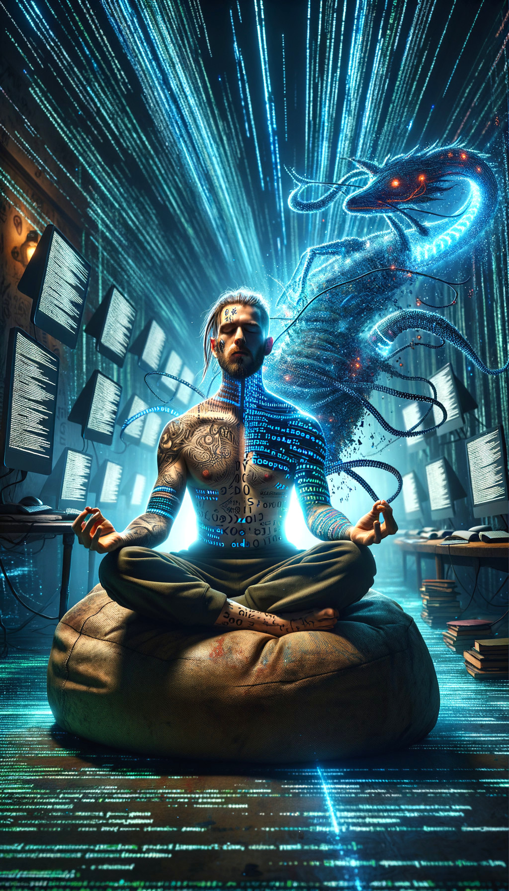 Meditative Figure in Tech-Inspired Environment with Tattoos
