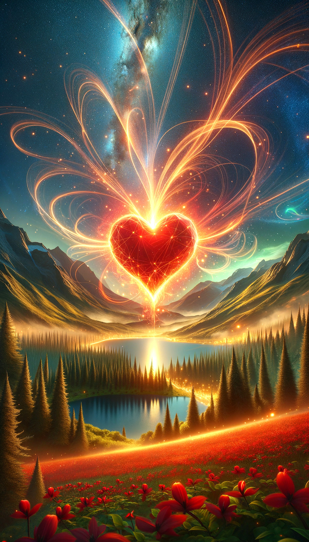 Vibrant Orange Heart Glowing in Night Sky Landscape