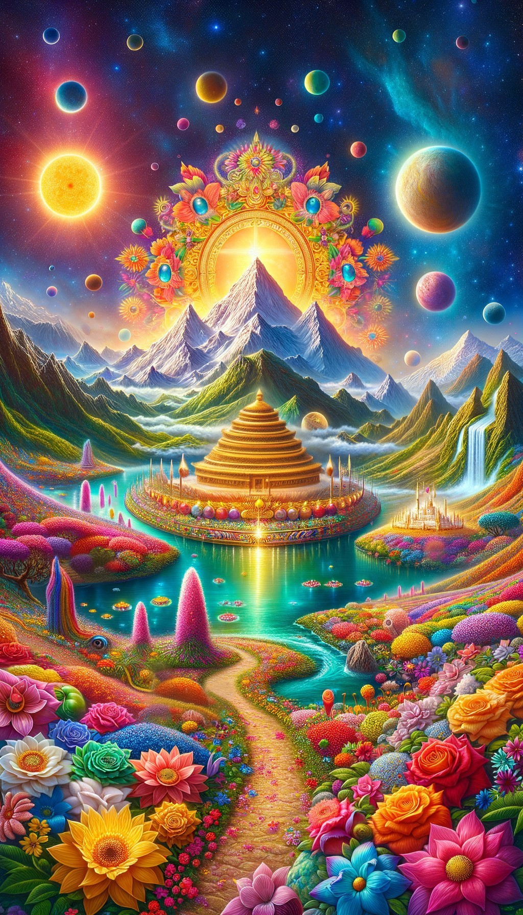 Colorful flower-lined path to temple in fantastical mountain landscape