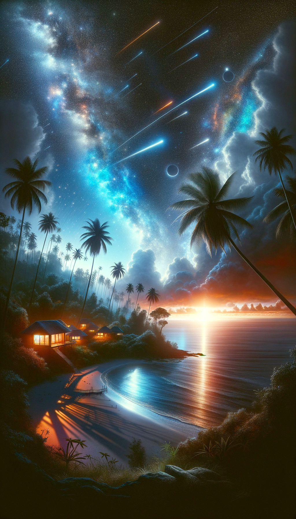 Serene Beach Sunset with Palm Trees and Cozy Houses