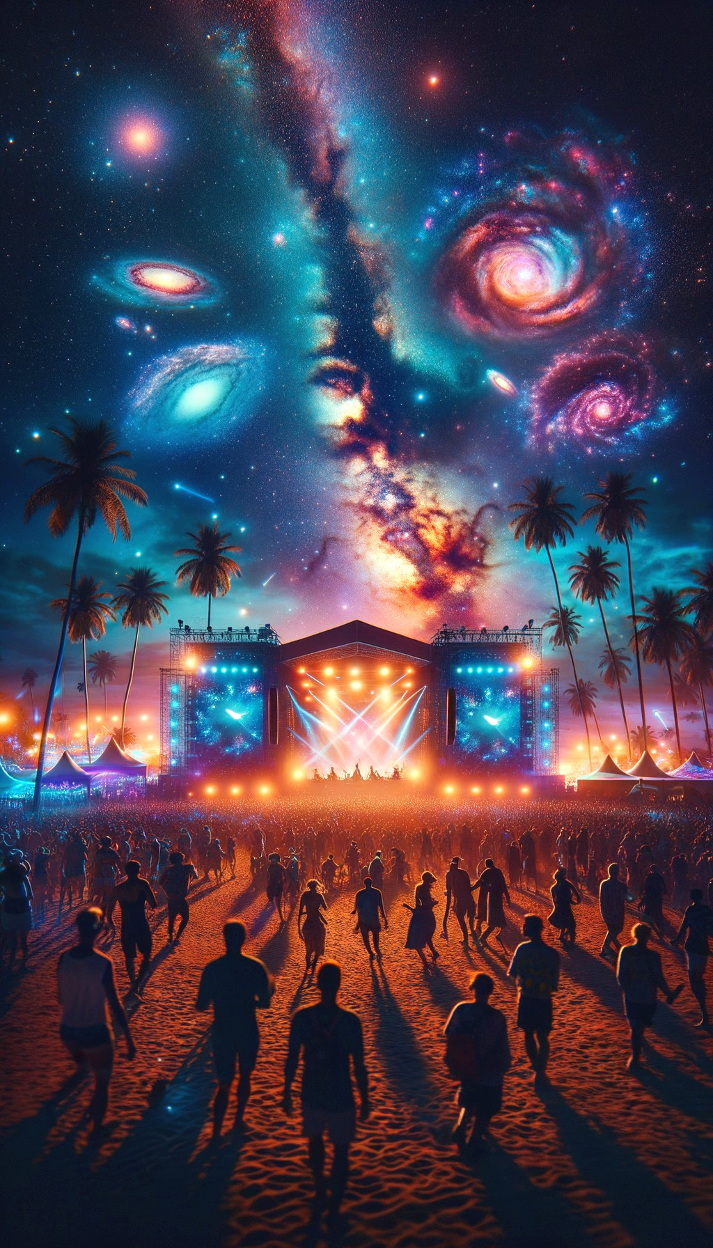 Vibrant Beach Festival Scene at Dusk with Cosmic Sky