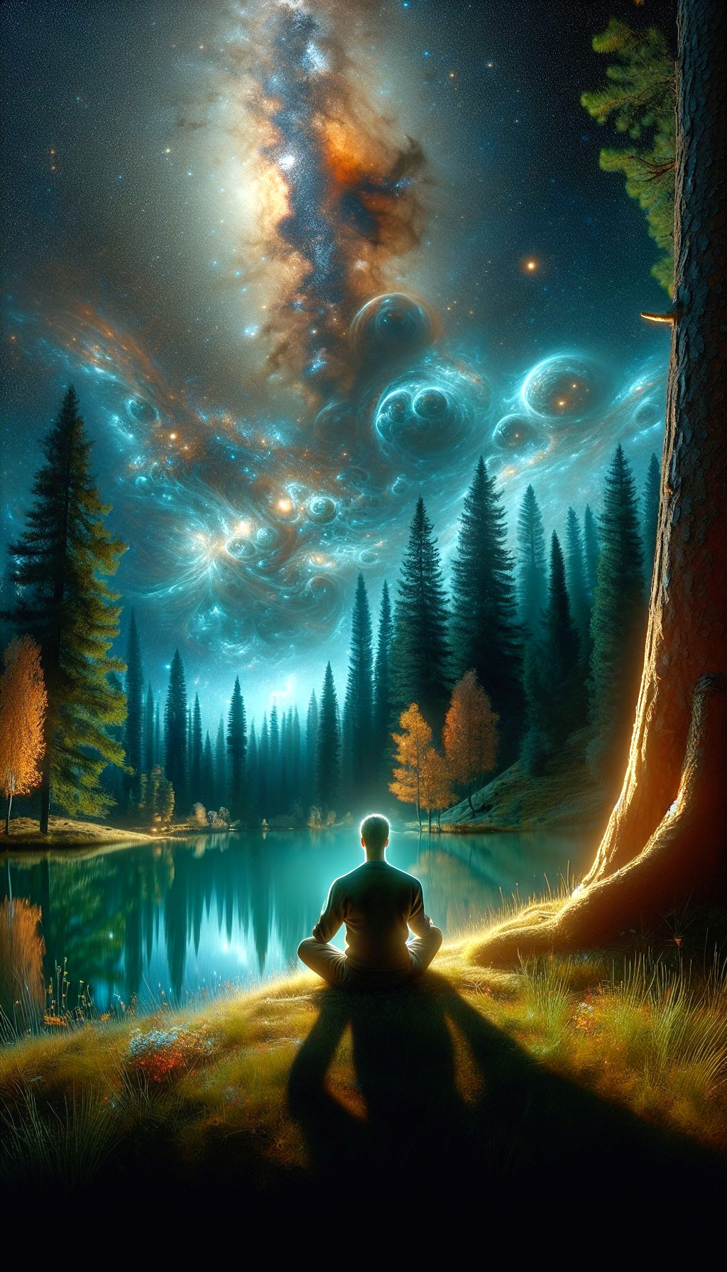 Serene lake scene with autumn foliage and cosmos