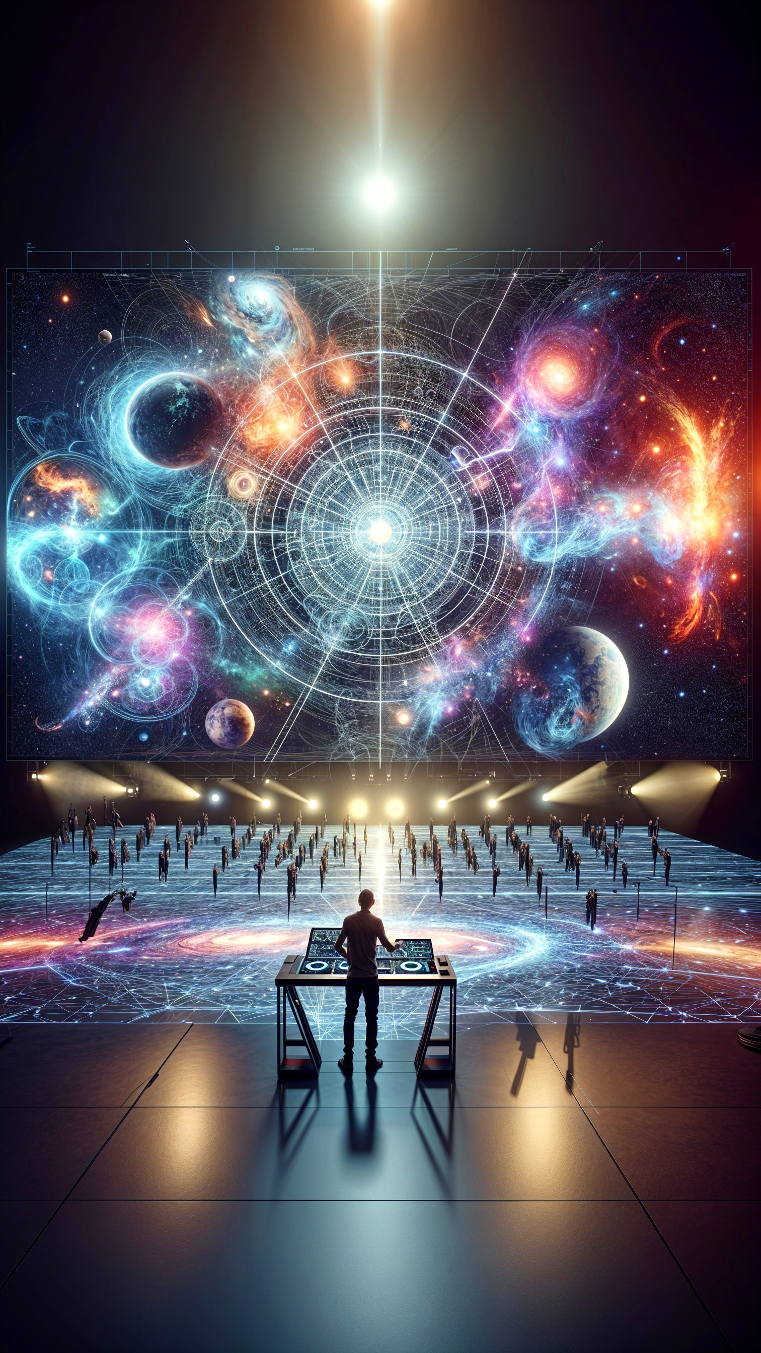 Lone Figure at Control Panel Amidst Cosmic Display