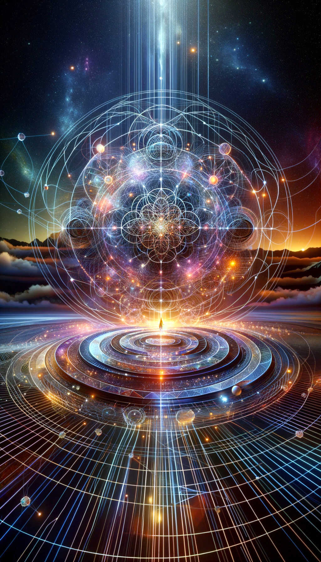 Cosmic Scene with Geometric Patterns and Vibrant Colors