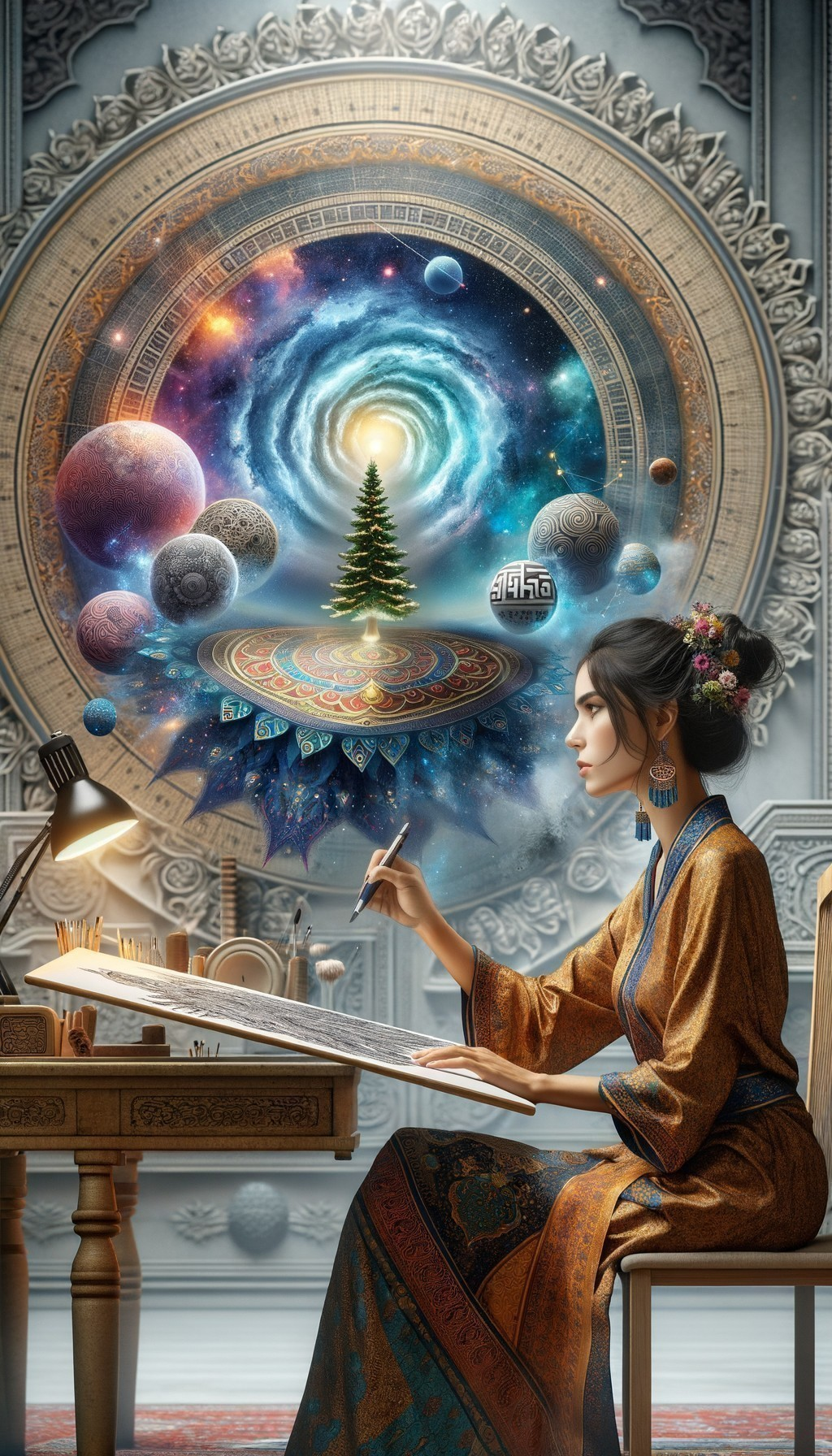 Person in traditional attire writing with cosmic background.