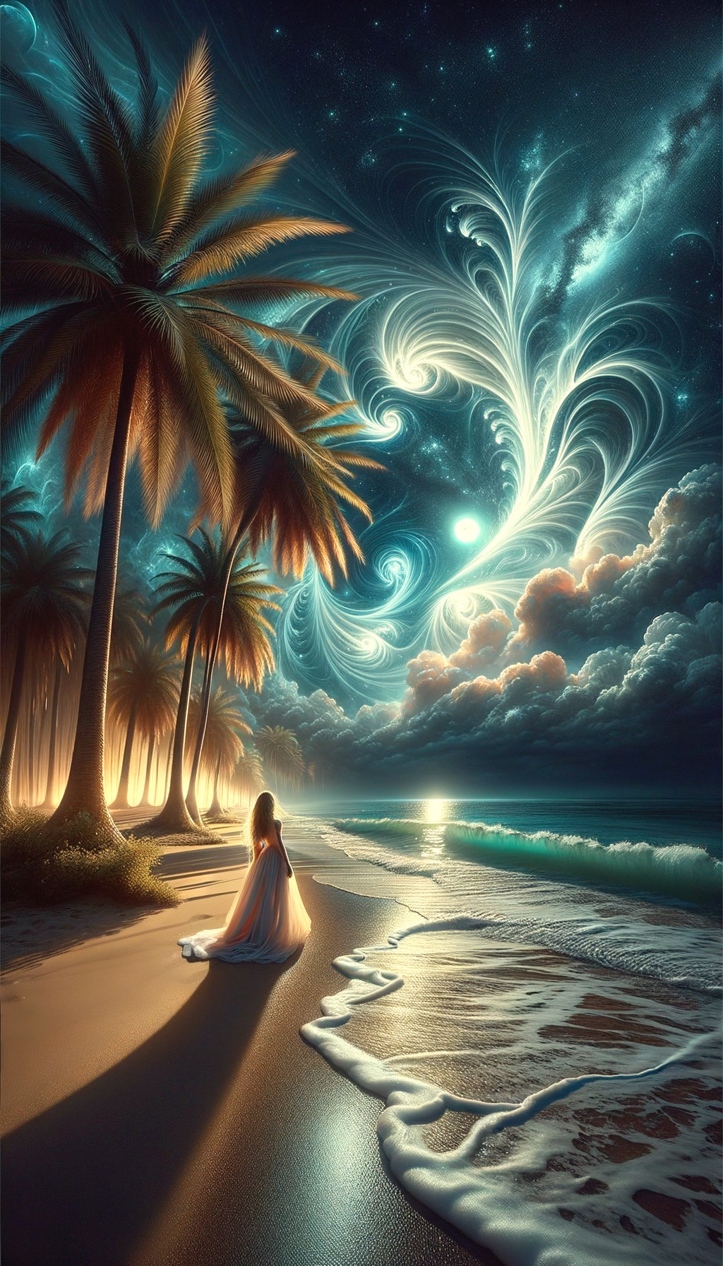 Serene beach scene with glowing palm trees and stars