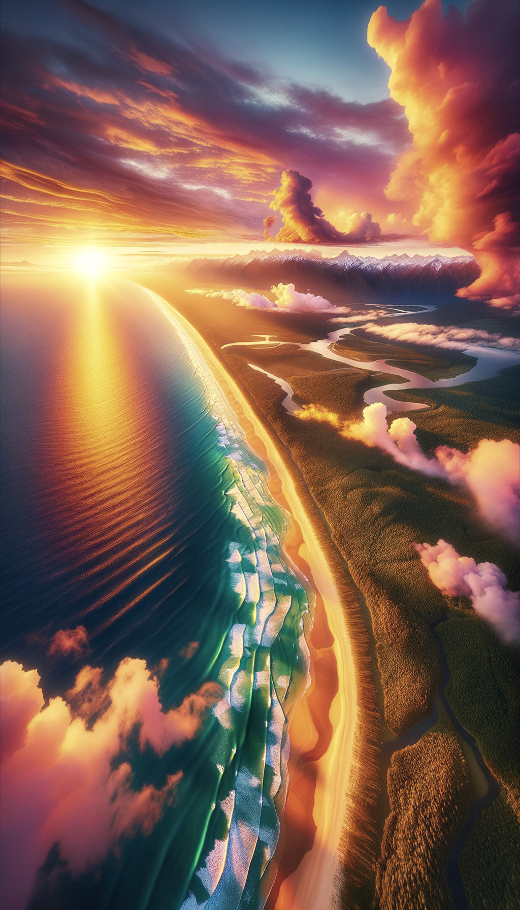 Aerial View of Sunset over Serene Coastline