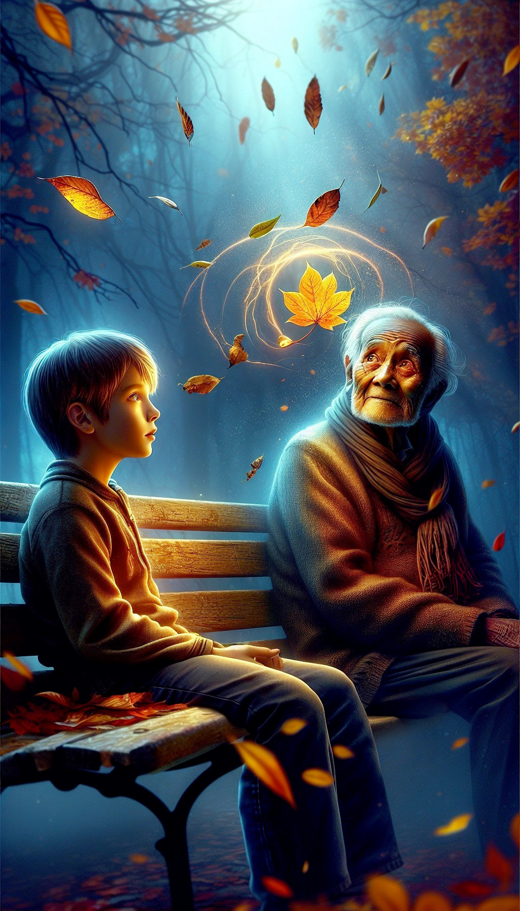 Boy and Elderly Man in a Mystical Autumn Forest